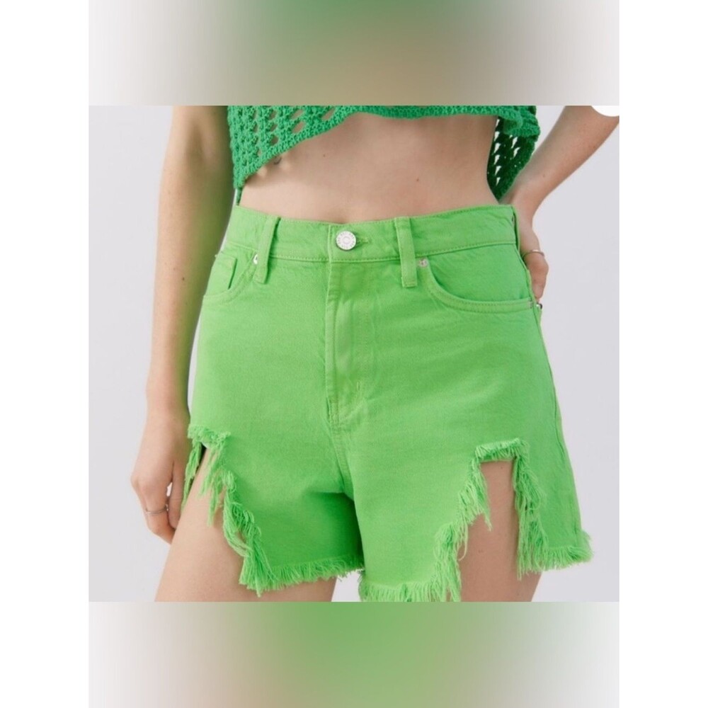 BDG ALine Chewed Out Green High-Waist Distressed Denim Shorts 100%Cotton Size 25